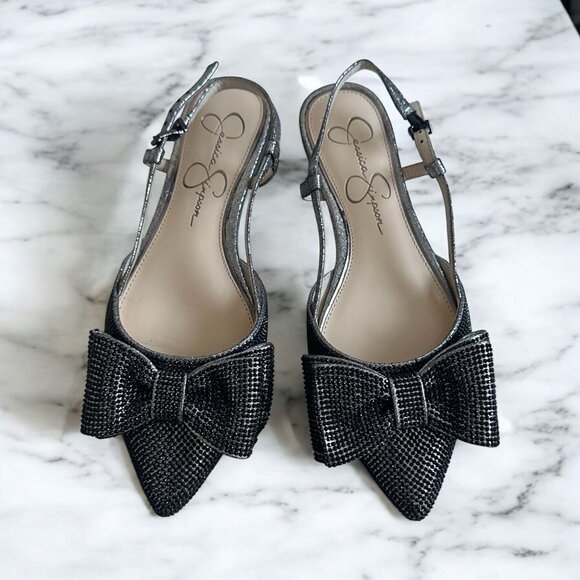 JESSICA SIMPSON Black Rhinestone Bow Slingback Flats Size 6.5 - Picture 1 of 6